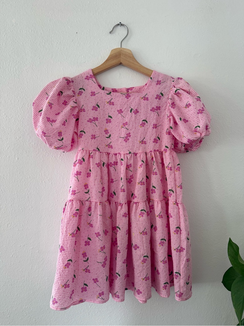 Girls' Pink Floral Puff Sleeve Tiered Dress